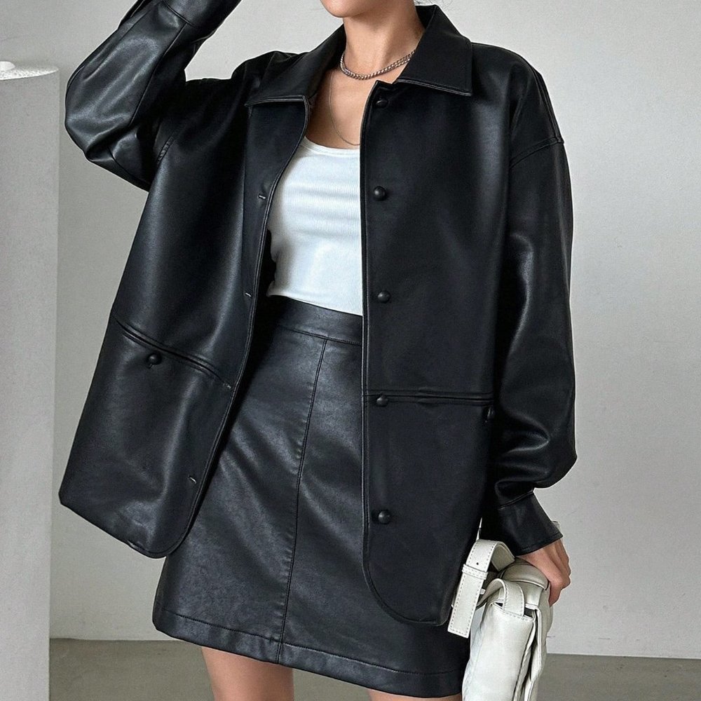 Black Casual Womens Drop Shoulder PU Leather Coat - Picture 2 of 5